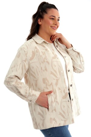 Large Size Fake Button Jacquard Beige Jacket - Trend42plus