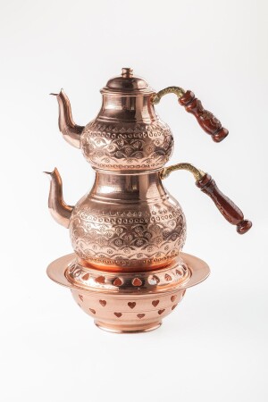 Large Size Gaziantep Copper Teapot Set and Balcony Enjoyment Set with Flower Embroidered Staple Detail DMT-19145 - DMT COPPER HOME