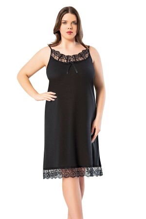 Large Size Lace Detailed Black Rope Strap Women's Long Nightgown 62v11 - Victroy
