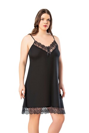 Large Size Lace Detailed Black Rope Strap Women's Nightgown 62v10 - Victroy
