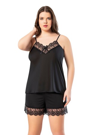 Large Size Lace Detailed Black Rope Strap Women's Nightgown Set with Shorts 62v09 - Victroy