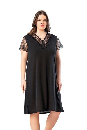 Large Size Lace Detailed Black Short Sleeve Women's Long Nightgown 62v12 - Victroy