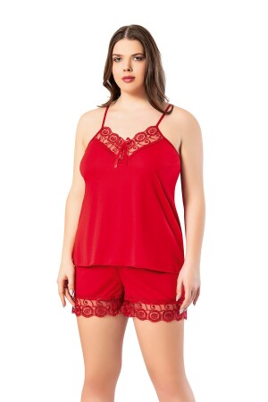 Large Size Lace Detailed Red Rope Strap Women's Nightgown Set with Shorts 62v09 - Victroy