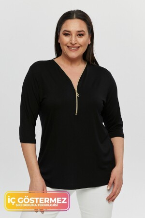 Large Size New Season Capri Sleeve Blouse Zippered Comfort Model V-Neck 4 Seasons Mother's Daily Stylish Blouse - Tarzımsüper