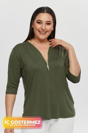 Large Size New Season Capri Sleeve Blouse Zippered Comfort Model V-Neck 4 Seasons Mother's Daily Stylish Blouse - Tarzımsüper