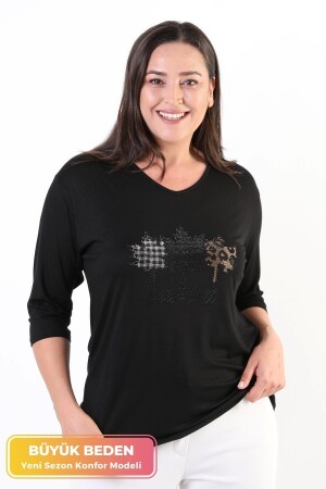 Large Size New Season Casual Comfort Model Leaf Pattern Stone Printed Half Sleeve Mother 4 Seasons Blouse - Tarzımsüper