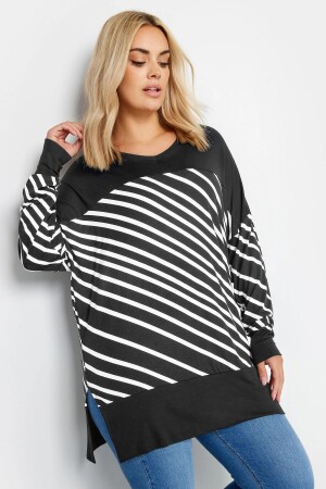 Large Size Patterned Flexible Fabric Long Sleeve Long Cut Blouse 303056 - Stil Diva