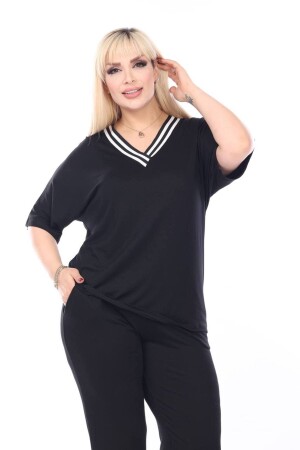 LARGE SIZE V-Strip NECK SHORT SLEEVE CAPRILLED VISCOSE COMBED FABRIC ELEGANT SUIT - Genel Markalar