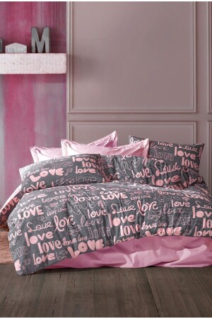 Pamuklu Nevresim Takımı - Lastikli Çarşaflı Çift Kişilik Love - Pembe GRM0026 - GARDEN ROOM