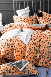 Lastikli Çarşaflı Nevresim Takımı Tek Kişilik Leopar Orange iqon80 - İQON