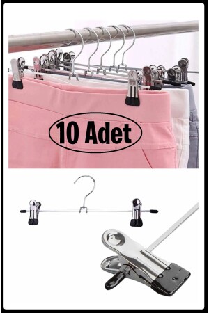 Latched Metal Trouser & Skirt Hanger Silver >< 10 Pieces - Ezmk Ev Gereçleri