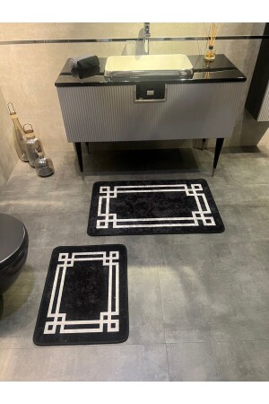 Latex Base (60X100 - 60X50) Double Bath Mat Set -black-gray BYD-STRIPED - Brillant