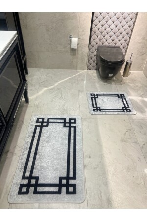 Latex Base Without Fringes (60X100 - 60X50) Double Bath Mat Set -grey BYD-STRIPED - Brillant