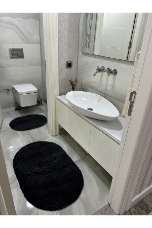 Lazer Kesim Peluş 2'li Oval Siyah Banyo Paspas Takımı - Vescarpet Station