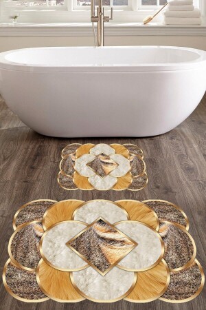 Lasergeschnittenes 2-teiliges Teppichset mit Pfostenmuster in Gold (60 x 100/40 x 60) – Cp1417 CP-BNY01417 - CAPPİO HALI