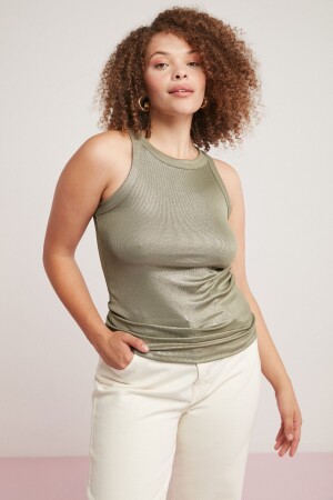 Lea Women's Glitter Coated Camisole Halter Collar Khaki Plus Size Blouse - Ethiquet