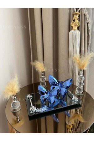 Leaf Detailed Smoked Tray, 3-Piece Silver Feather Holder and 2-Piece Blue Butterfly Figurine Ornament HSS-DKRSET - Housess