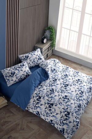 Leaves %100 Pamuk Ranforce Battal Boy Çift Taraflı Nevresim Takımı 240x220 CTNTLV24 - Cote Blanc