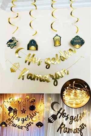 Led-Licht Willkommen Ramadan Gold Banner Schriftzug Frohe Feiertage 6-teiliges Deckenornament Ramadan Raumdekorationsset - Azebu