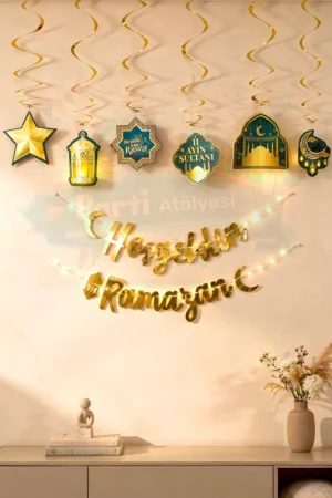 LED-Willkommens-Ramadan-Banner mit Schriftzug – dekorativ, verlängert Ornament, Mond, Stern, Koran, Mahya-Moschee, Themenset, 140 cm - Parti Dolabı