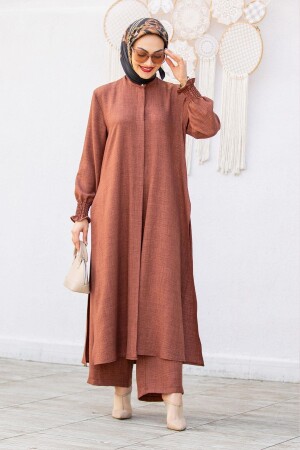 Leinen-Anzug mit langer Tunika und Hose – Braun - Swana