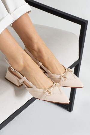 Lemina Cream Skin Fabric Belted Stone Detail Women's Ballerinas - Misspapatya