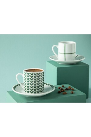 Leno Porcelain 4 Piece Coffee Cup Set for 2 Persons 80 Ml Green 10035818 - English Home