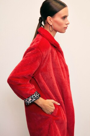 Leopar Astarlı Peluş Kaban - Kırmızı - Sateen