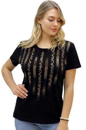 Leopar Crystal Taşlı Kısa Kol Bisiklet Yaka Büyük Beden Plus Size Pamuk Siyah Kadın T-shirt - Rich Glam