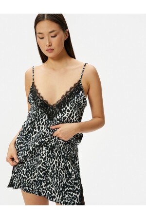 Leopar Desenli Pijama Üstü İnce Askılı Dantelli Viskon - Koton