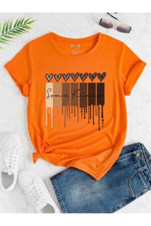 Leopard Pattern Hearts Single Jersey T-Shirt - Orange Printed Oversize Crew Neck Short Sleeve T-Shirt - Dubu Butik
