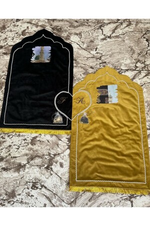 Letter embroidered heart prayer rug - double prayer rugs - 2 pieces - velvet - fiber - 2 prayer beads - Evince