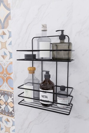 Lifetime Stainless Wall Adhesive 2 Tier Bathroom Flat Shampoo Holder Organizer Black - Eva Metal Tasarim