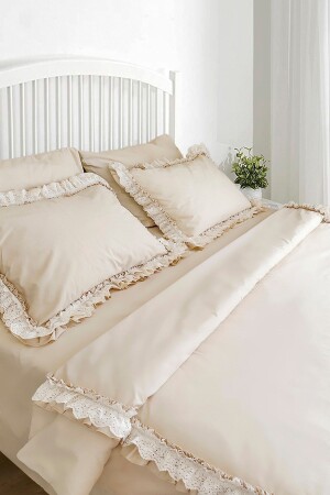 Light Beige Ruffled Scalloped Cotton Vintage Retro Hotel Series Double Duvet Cover Set RHN2078xx - RİTMOHOME