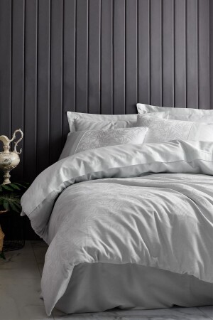 Light Ice Blue Jacquard Satin Double Duvet Cover Set Leaf 8680108052075 - Cotton Box