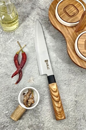 Light Wooden Handle Pro Chef Knife 34 Cm Stainless Steel - Sürlaz