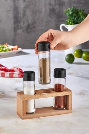 Lima 3-Piece Salt and Pepper Shakers Set with Wooden Stand 3-Piece Spice Shakers Black Cover lima3pcs - melik's