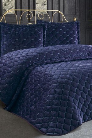 Lima Velvet Filled Double Bedspread Navy Blue - Çeyiz Diyarı