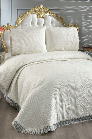 Limena Lace Quilted Ultrasonic Double Bedspread Cream - Çeyiz Diyarı