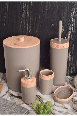 Limpia Bamboo Patterned 5-Piece Bathroom Set Trash Can Liquid Soap Dispenser Toothbrush Holder Box Bathroom Set Cream - Bersachef