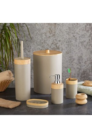 Limpia Bamboo Patterned Cream 5-Piece Bathroom Set Trash Can - Liquid Soap Dispenser - Toothbrush Holder - Mutfak Köşesi