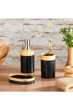 Limpia Bambu Desenli 3'lu Set Banyo Set Sıvı Sabunluk Sıvı Sabunluk Katı Sabunluk Siyah BRS-03-05-2023-01 - bersachef