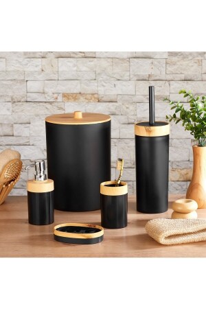 Limpia Bambu Desenli 5'li Banyo Seti Çöp Kovası Sıvı Sabunluk Diş Fırçalık Kutusu Banyo Seti Siyah BRS-060423 - bersachef