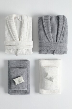 Line 100 % Baumwolle, luxuriöses 8-teiliges Familien-Bademantel-Set – Grau – Creme - Favora