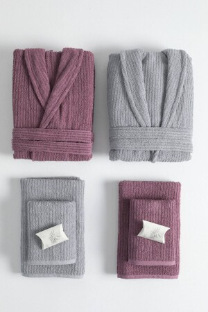 Line 100% Cotton Luxury 8 Piece Family Bathrobe Set - Gray - Plum - Favora