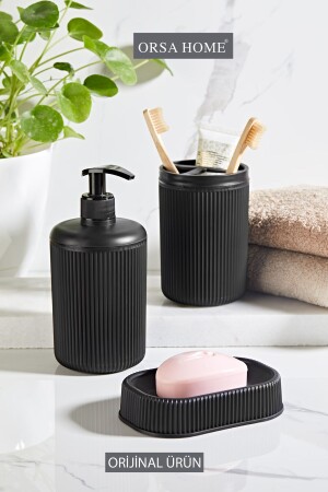Line Pattern Black 3-Piece Bathroom Set Soap Dish Toothbrush Holder Liquid Soap Dispenser 206 - Orsa Home