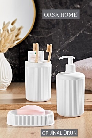 Line Pattern White 3-Piece Bathroom Set Soap Dish Toothbrush Holder Liquid Soap Dispenser 235 - Orsa Home