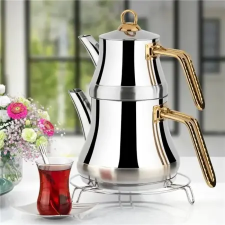 Lines Naz Çelik Çaydanlık Takımı Altın Kulp Mini Boy - Lines
