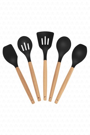 Lingo 5 Piece Silicone Kitchen Cooking Utensils Set with Bamboo Handle Black VS-510AS - valletta