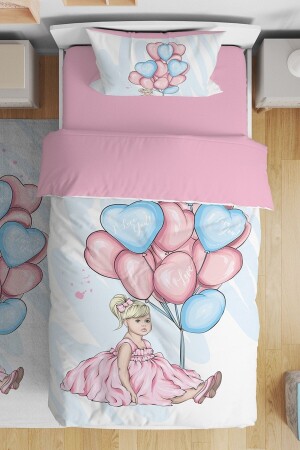 Little Girl Sitting with Blue Balloon Patterned Single Baby Kids Duvet Cover Set - Evpanya